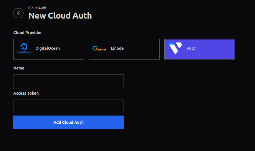 Screenshot of the Daestro console's add new cloud auth page